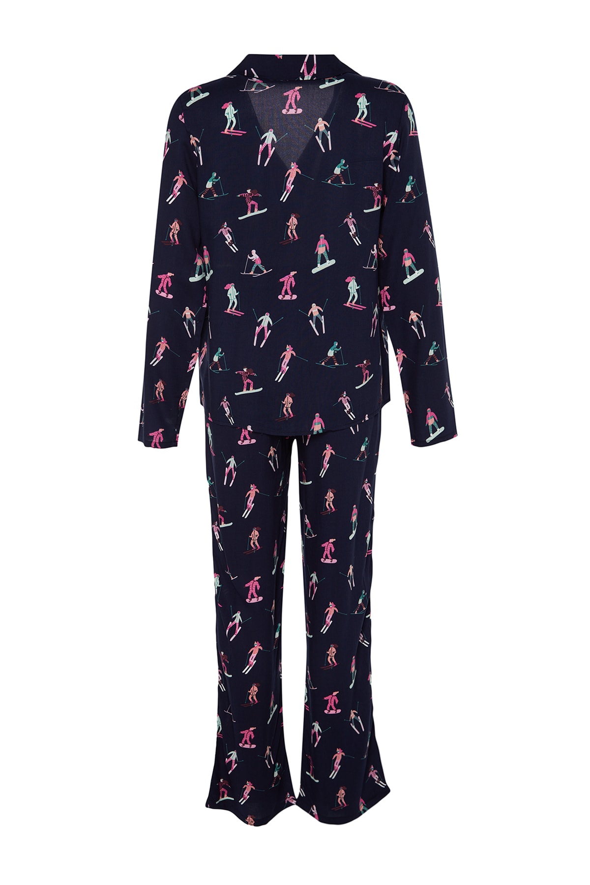 Trendyol Navy Viscose Ski Patterned Shirt-Pants Woven Pajamas Set