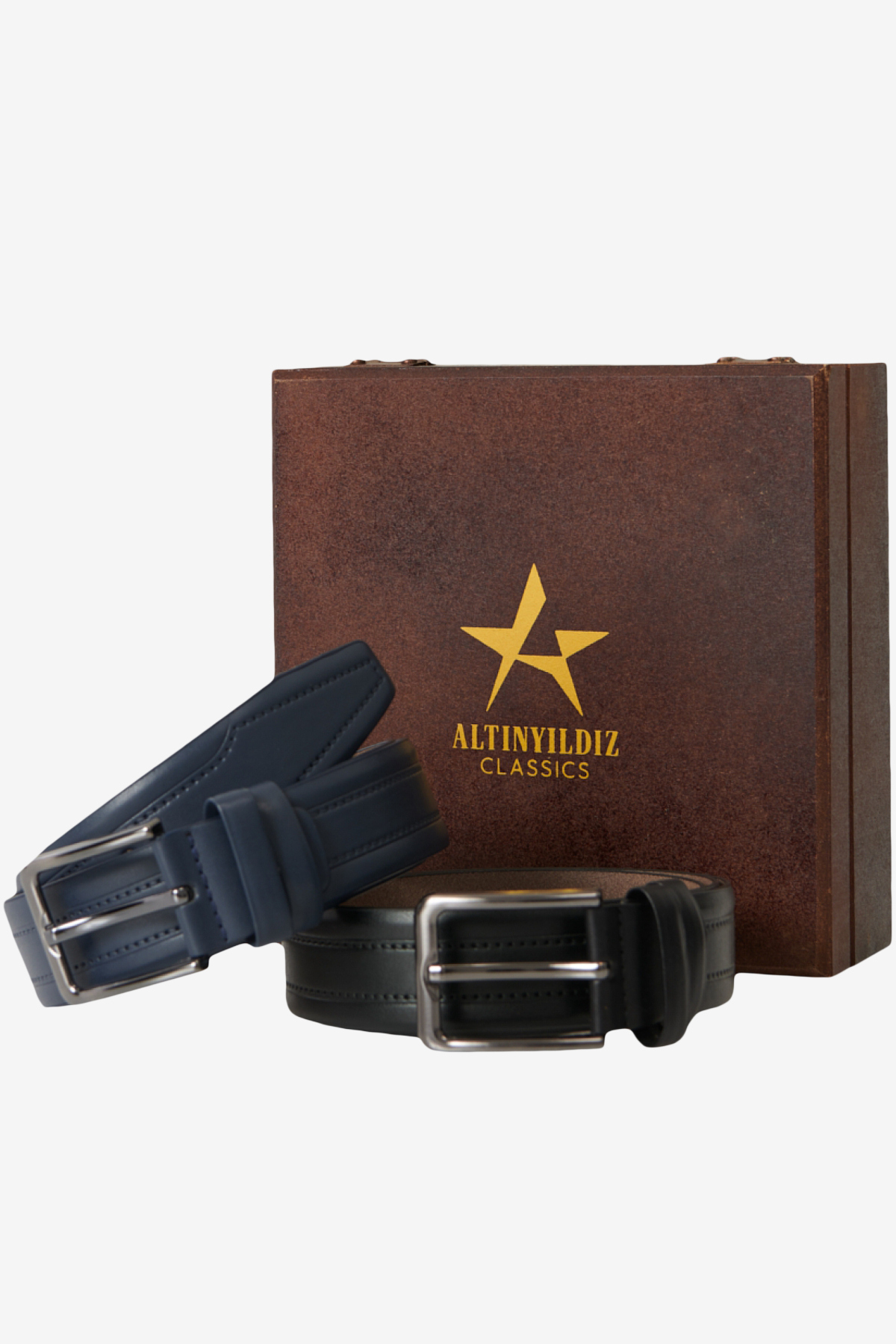 Levně ALTINYILDIZ CLASSICS Men's Black-Navy Blue Special Wooden Gift Box 2-Piece Casual Belt Set Groom's Pack