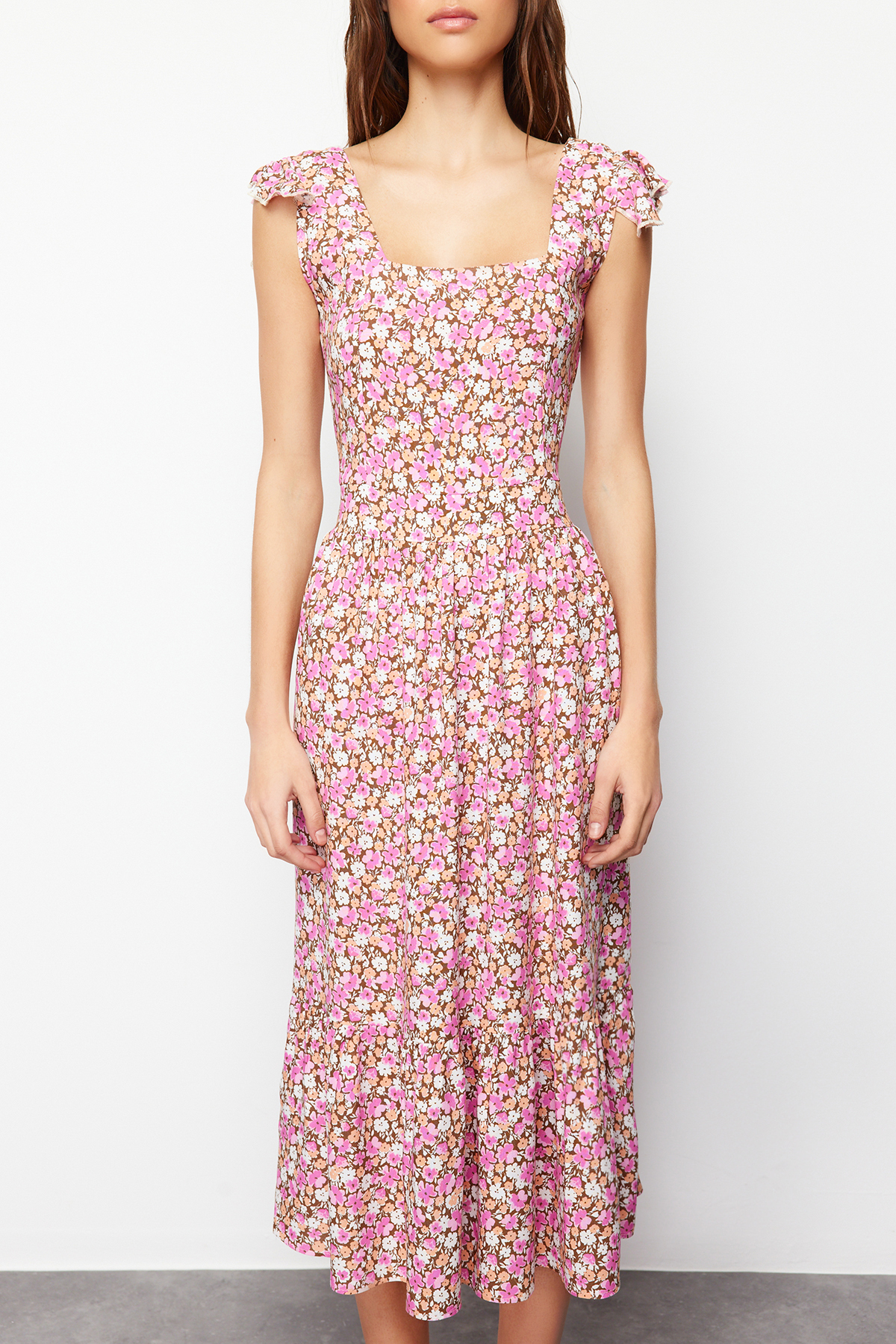 Trendyol Lilac Floral Print Square Collar A-line Viscose Midi Woven Dress