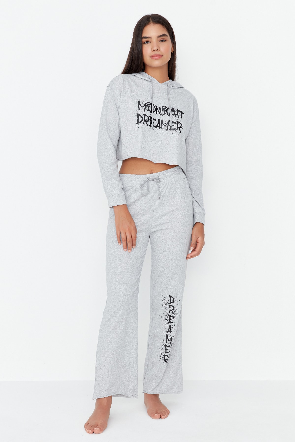Trendyol Gray Hooded Slogan Printed Crop Knitted Pajamas Set