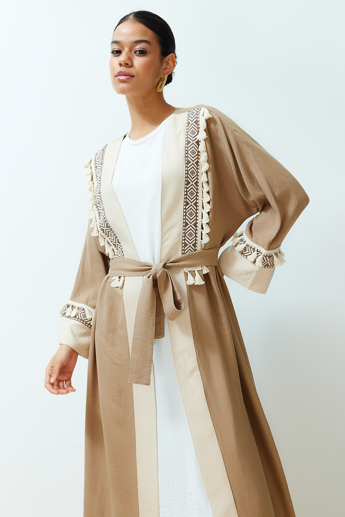 Trendyol Brown Belted Embroidery Detailed Crinkle Woven Kimono & Kaftan & Abaya