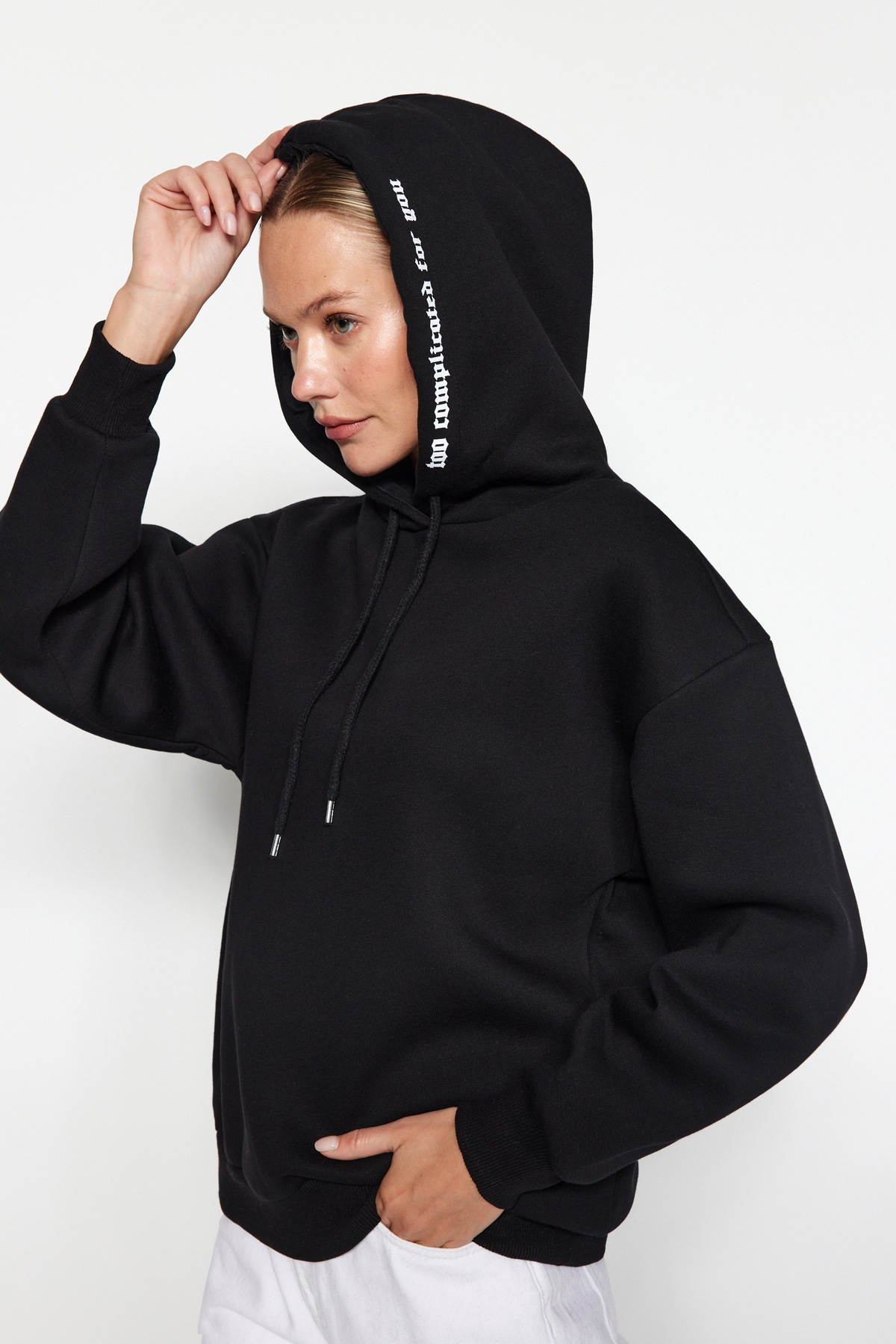 Trendyol Black Hood Slogan Printed Oversize/Wide-Fit Knitted Sweatshirt
