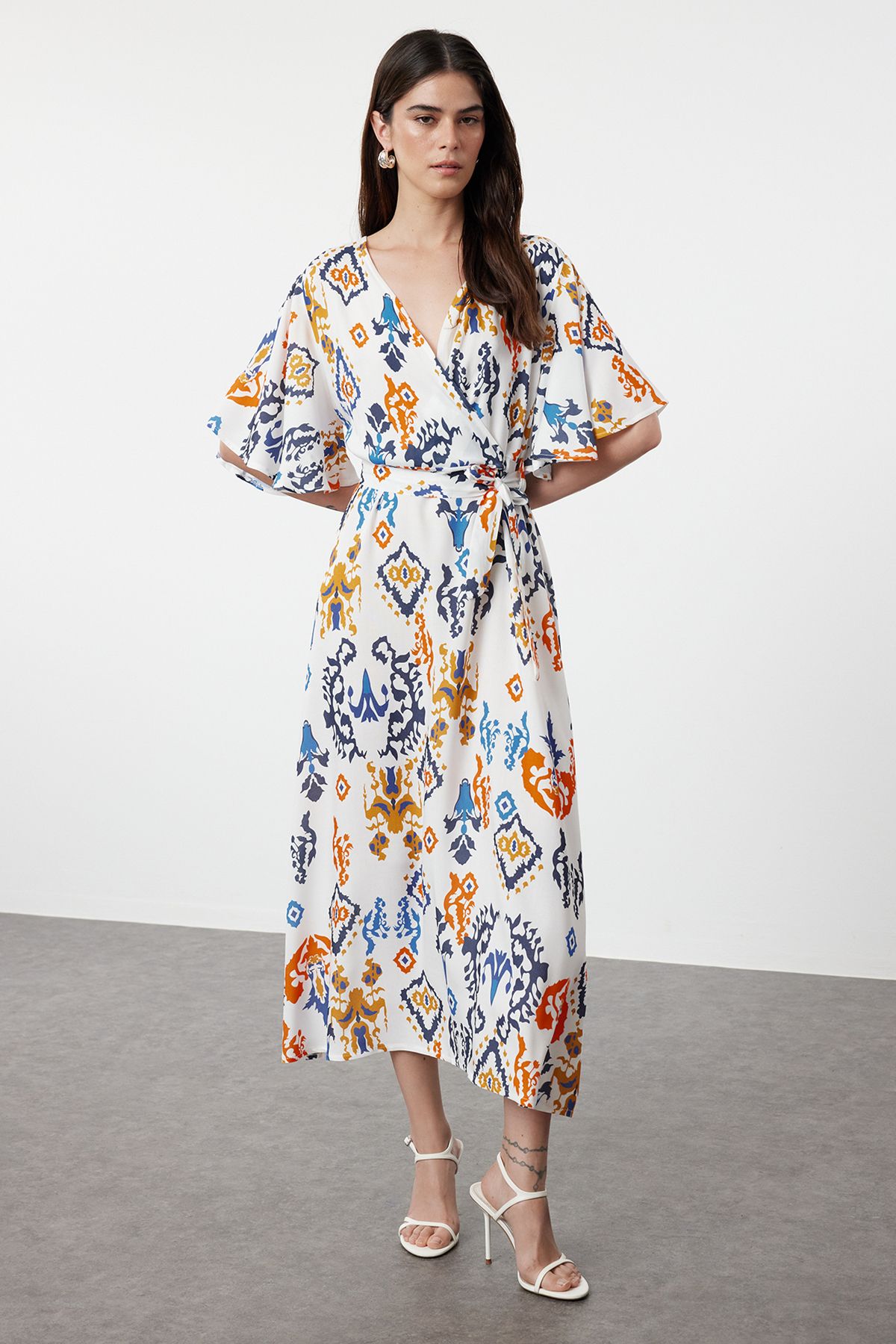 Trendyol Multicolored Ethnic Belted Patterned A-Line Double Breasted Collar Woven Dress