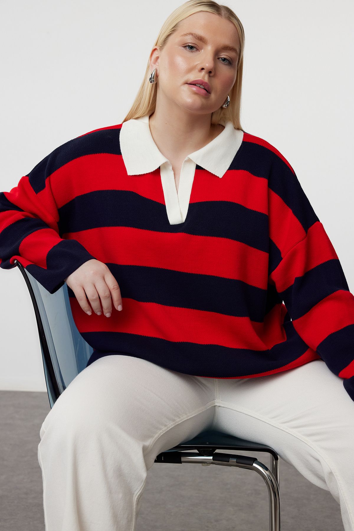 Trendyol Curve Multicolored Polo Neck Striped Knitwear Sweater