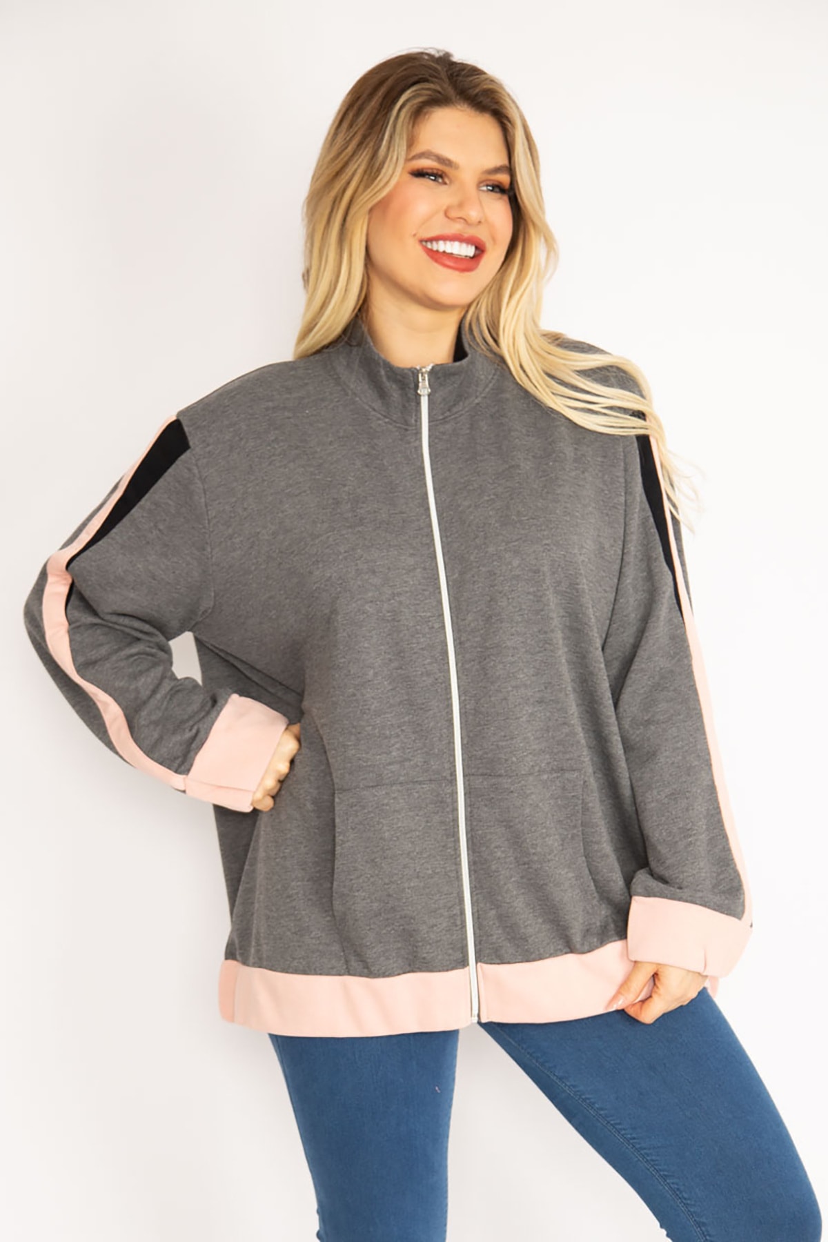 Levně Şans Women's Large Size Gray Front Zippered Kangaroo Pocket Sweatshirt Coat