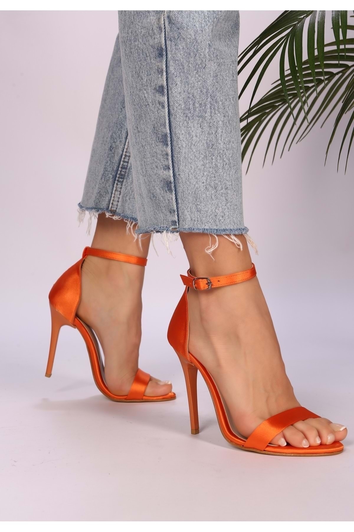 Shoeberry Women's Slyva Orange Satin Single Strap Heeled Shoes