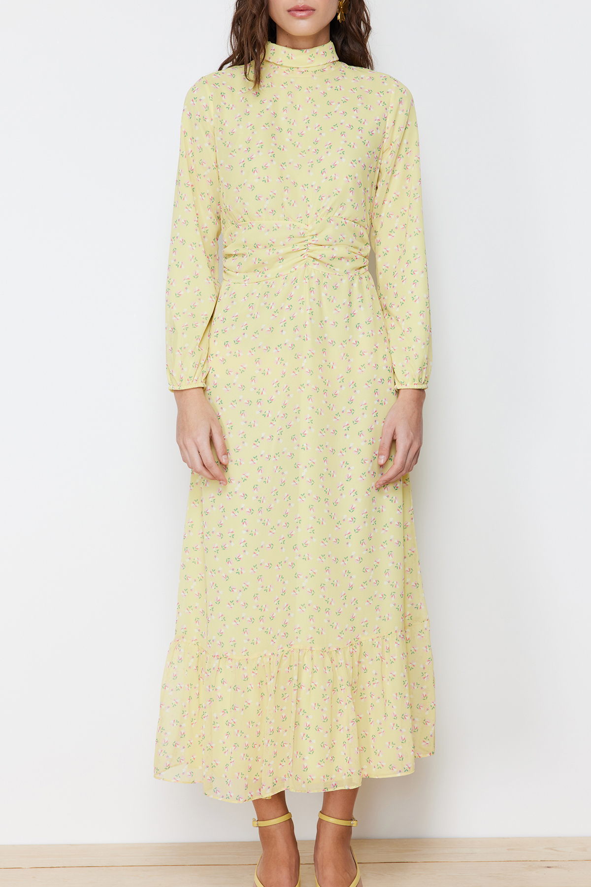 Trendyol Yellow Floral High Neck Waist Detailed Lined Chiffon Woven Dress