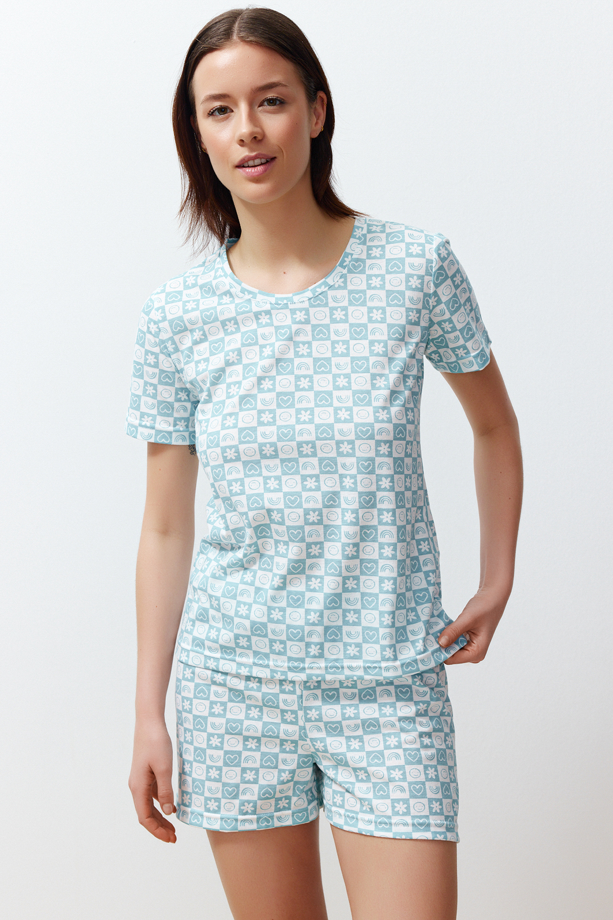 Trendyol Blue Cotton Leisure Patterned Knitted Pajamas Set