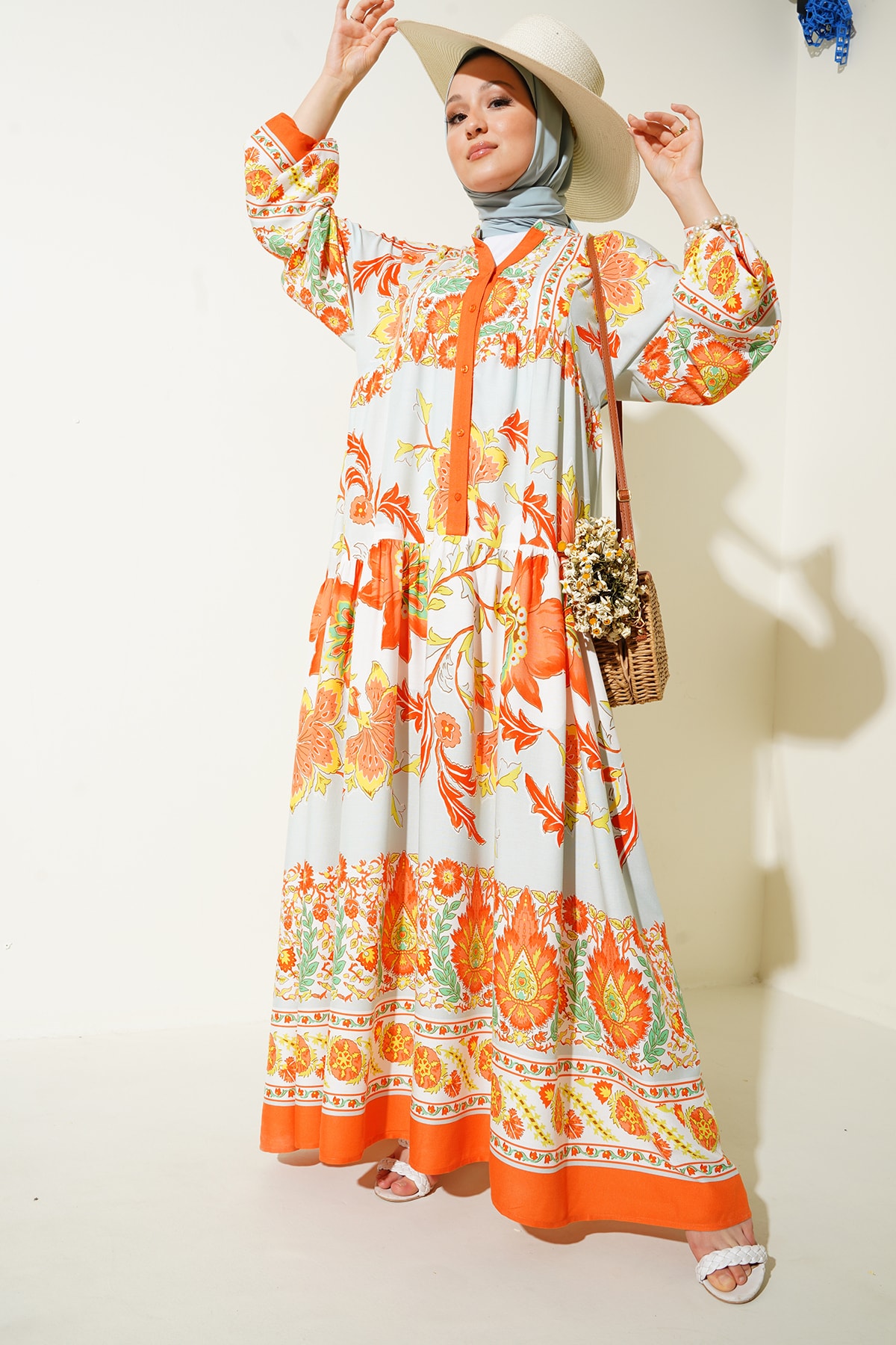 Bigdart 2423 Autentické vzorované hidžábové šaty - B. Oranžová