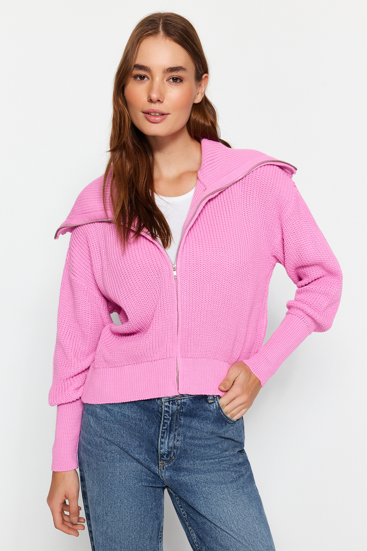 Trendyol Pink Turn-down Collar Zippered Knitwear Cardigan