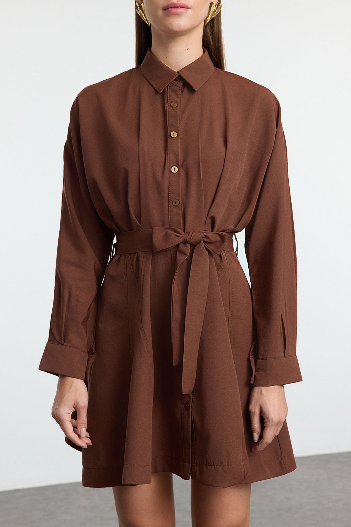 Trendyol Brown Mini Woven Shirt Dress with Open Waist Skirt