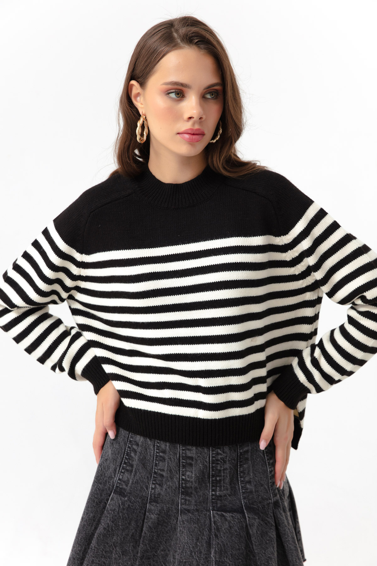 Levně Lafaba Women's Black Turtleneck Striped Knitwear Sweater