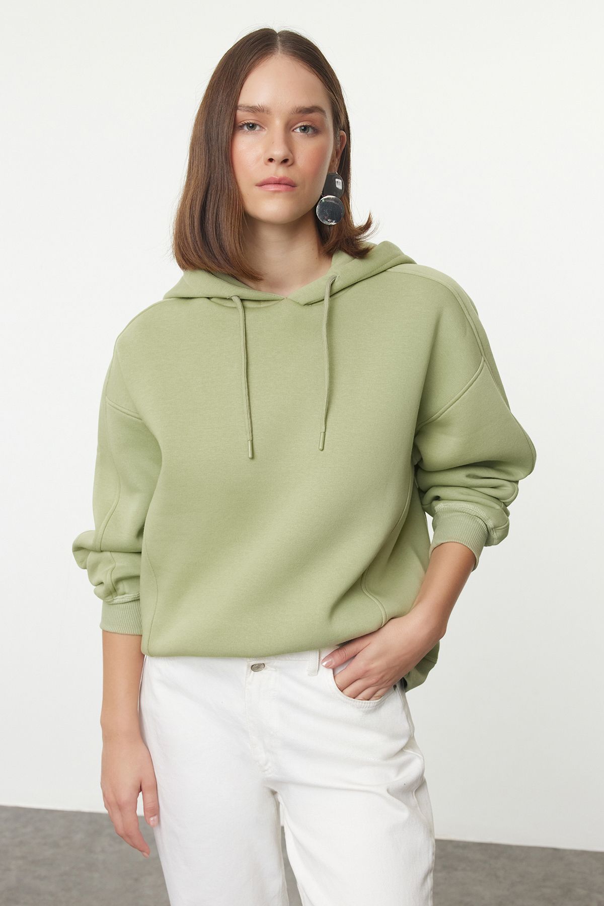 Trendyol Mint Oversize Thick Fleece Lined Hooded Knitted Sweatshirt