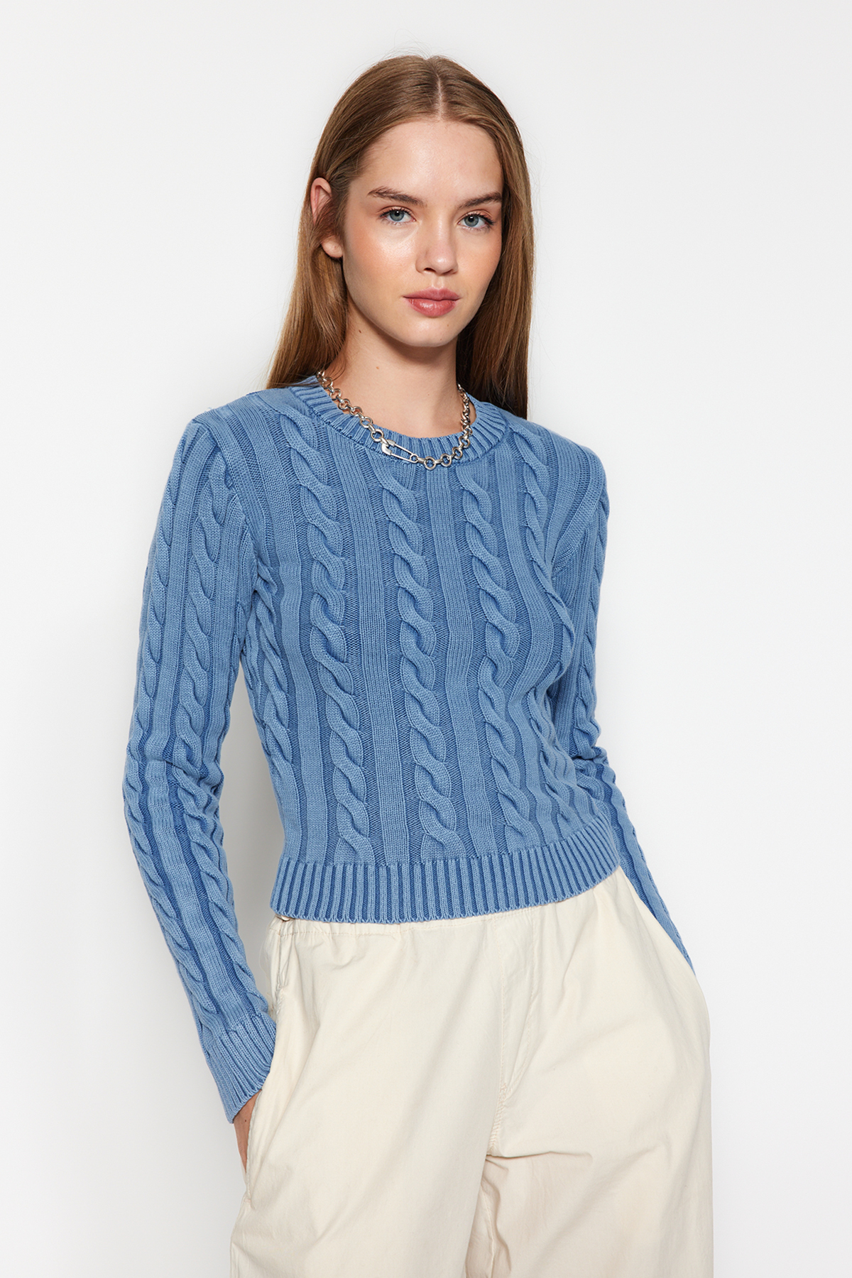 Levně Trendyol Blue Wash Effect Pletený pletený svetr z pleteného úpletu