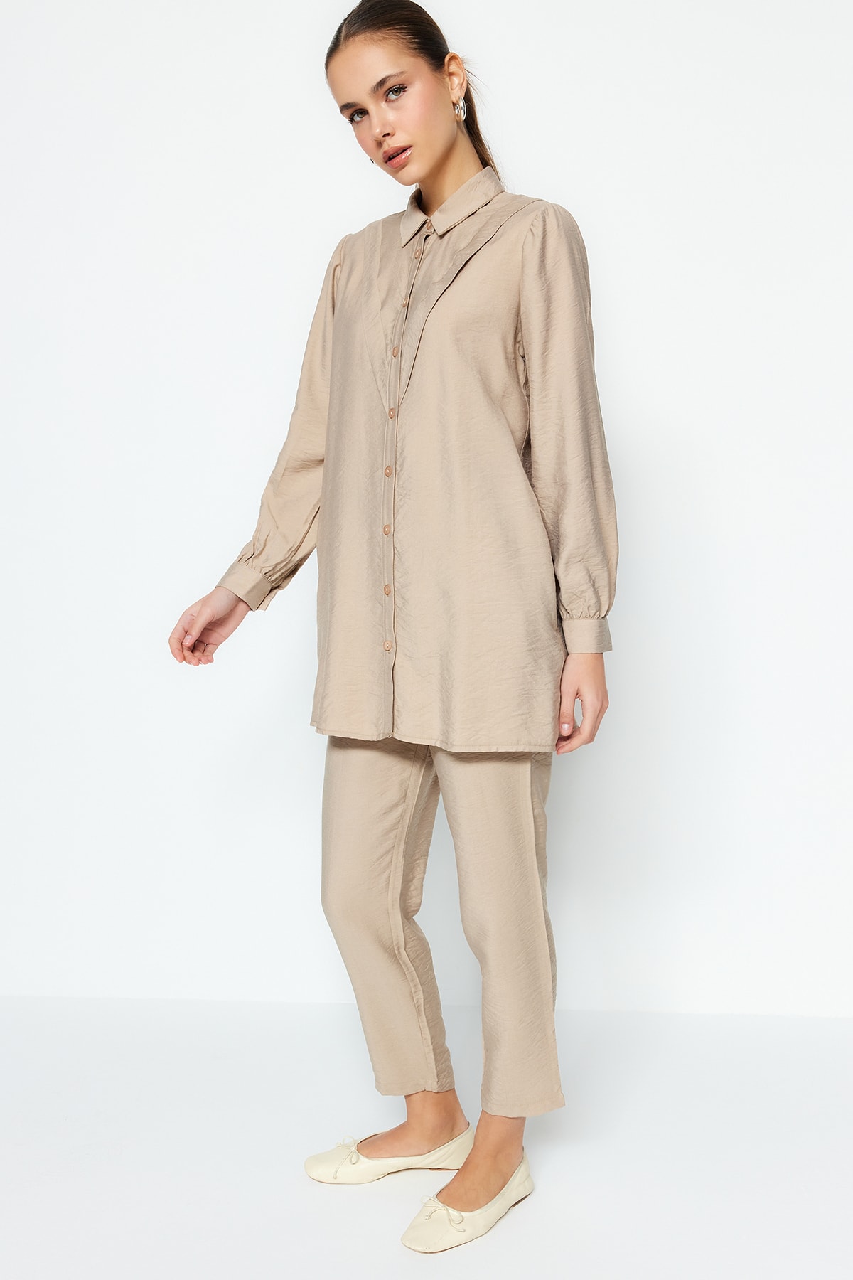 Trendyol Camel Linen Look Shirt-Pants Woven Suit