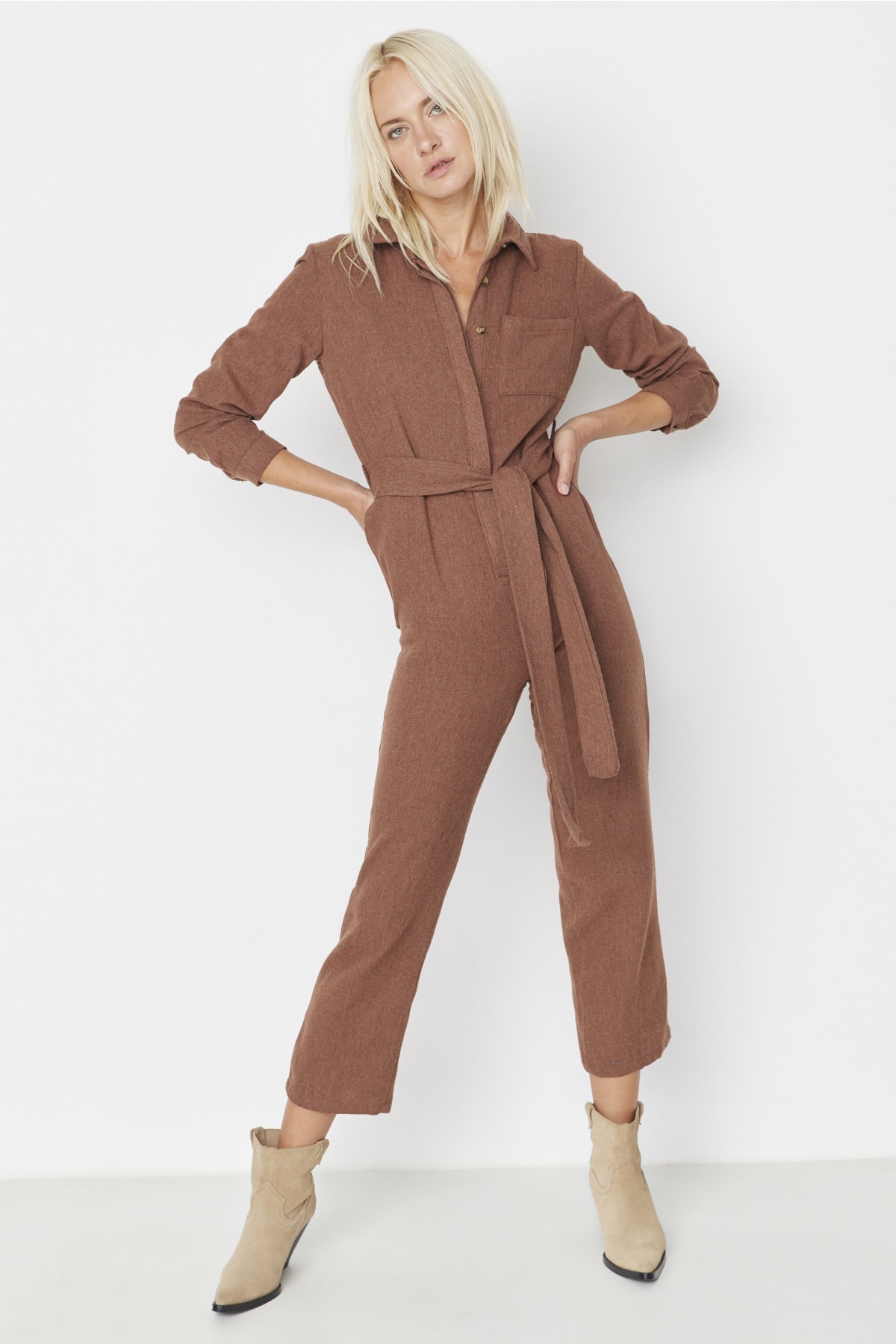Trendyol Brown Belted Shirt Collar Jumpsuit