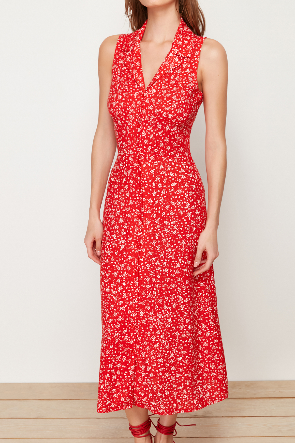 Trendyol Red Floral Viscose Midi Woven Dress