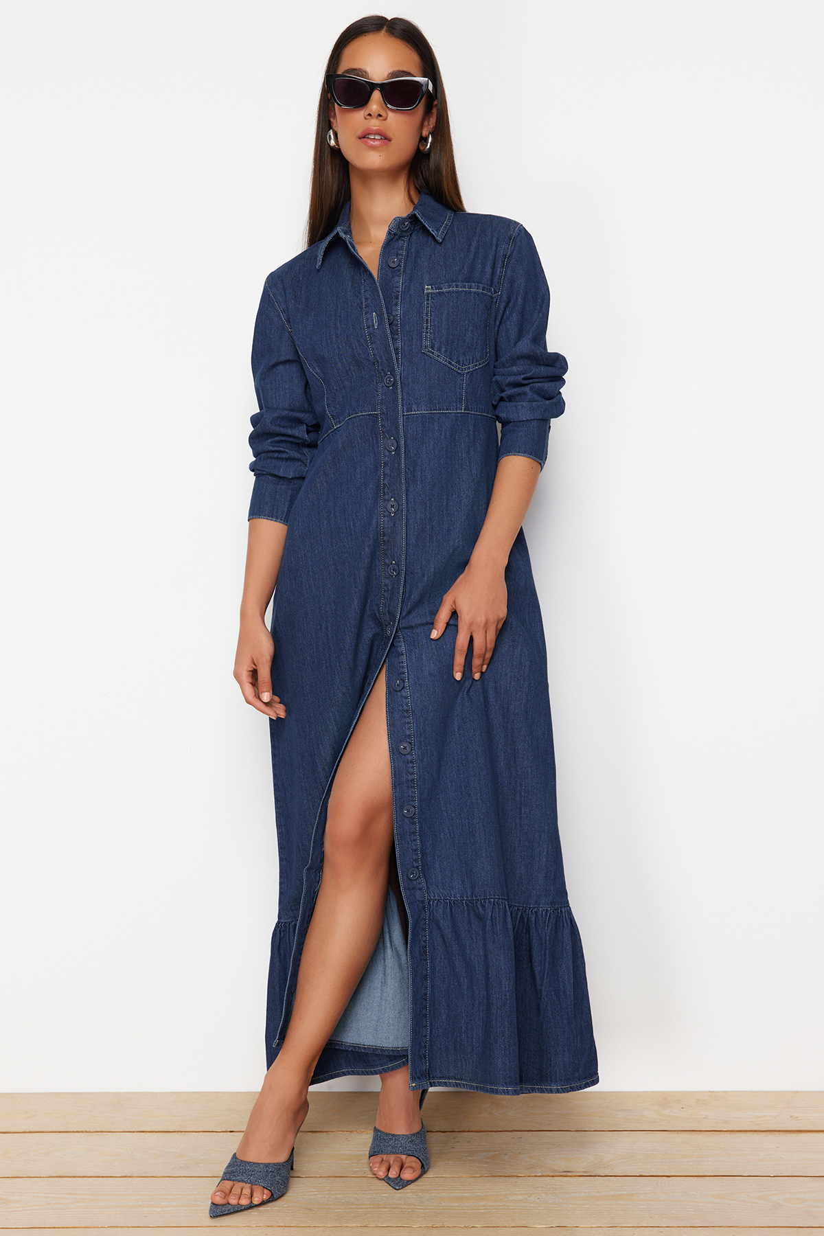 Trendyol Dark Blue Ruffle Hem Maxi Modest Denim Shirt Dress