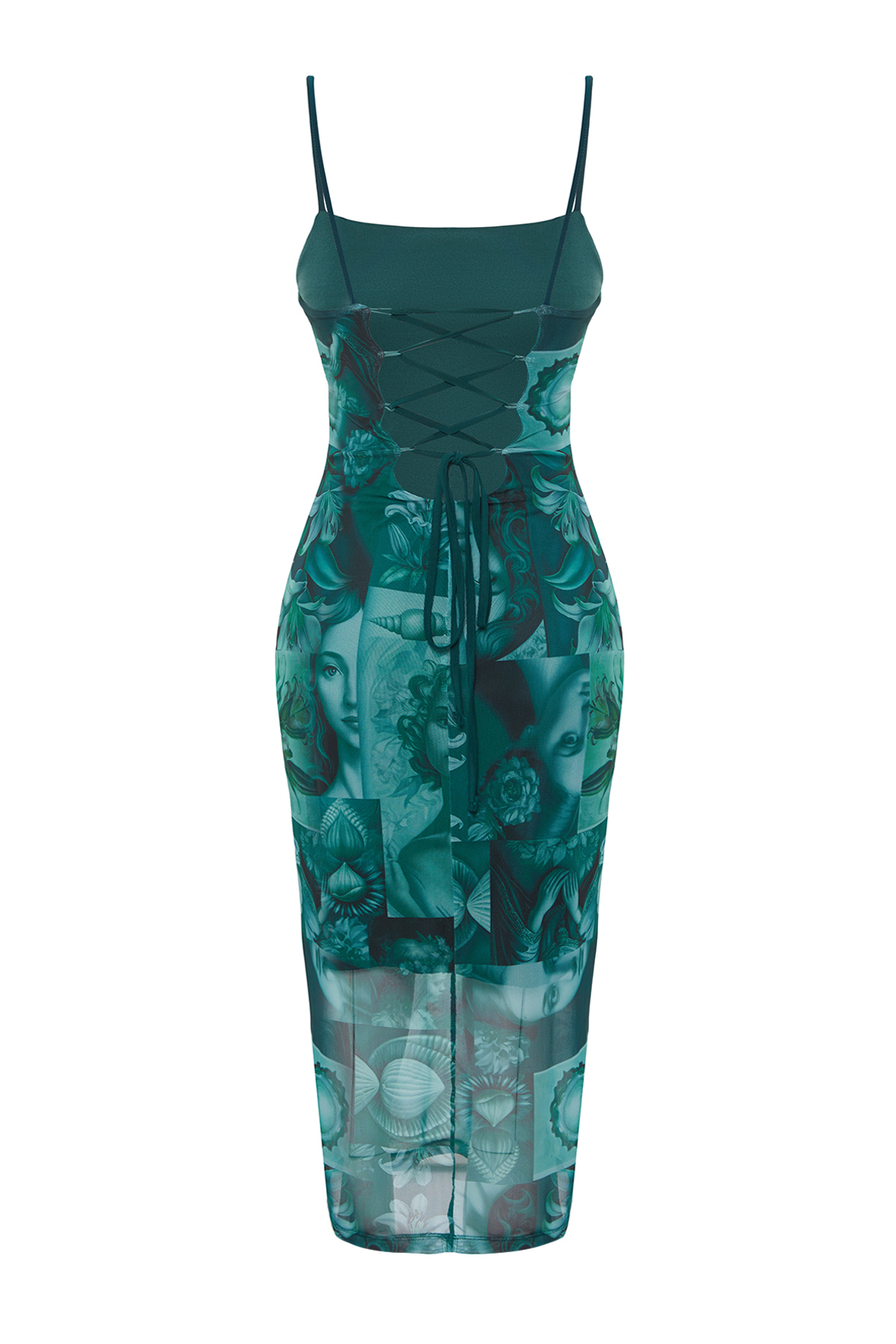 Trendyol Emerald Green Strap Fitted Square Neck Tulle Stretchy Knitted Midi Pencil Dress