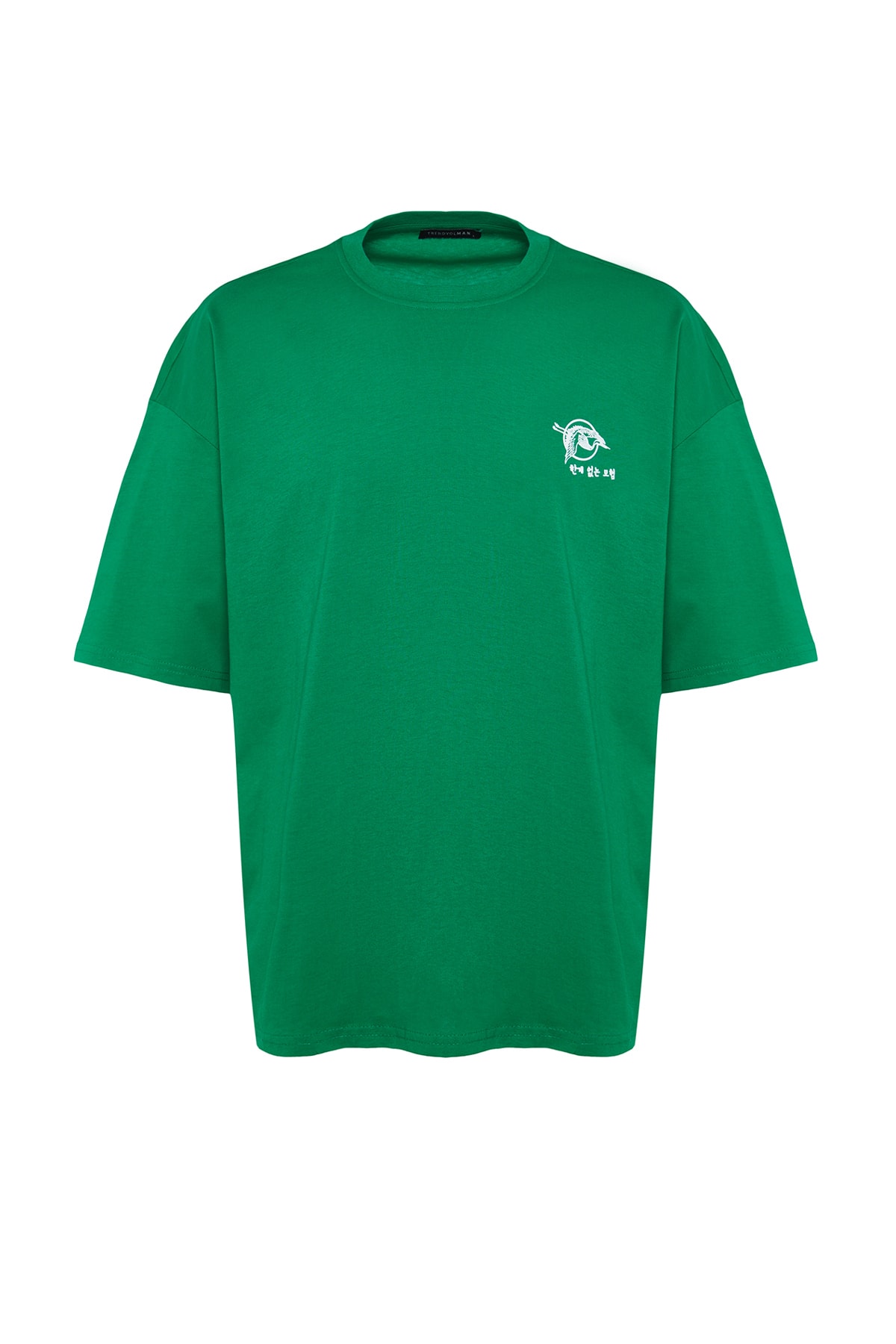 Trendyol Green pánske oversize/široké tričko so 100% bavlnenou potlačou Far Eastern