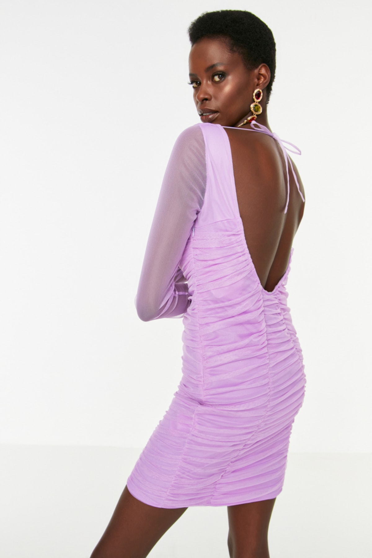 Rochie de seara din tul drapat Trendyol Lilac.