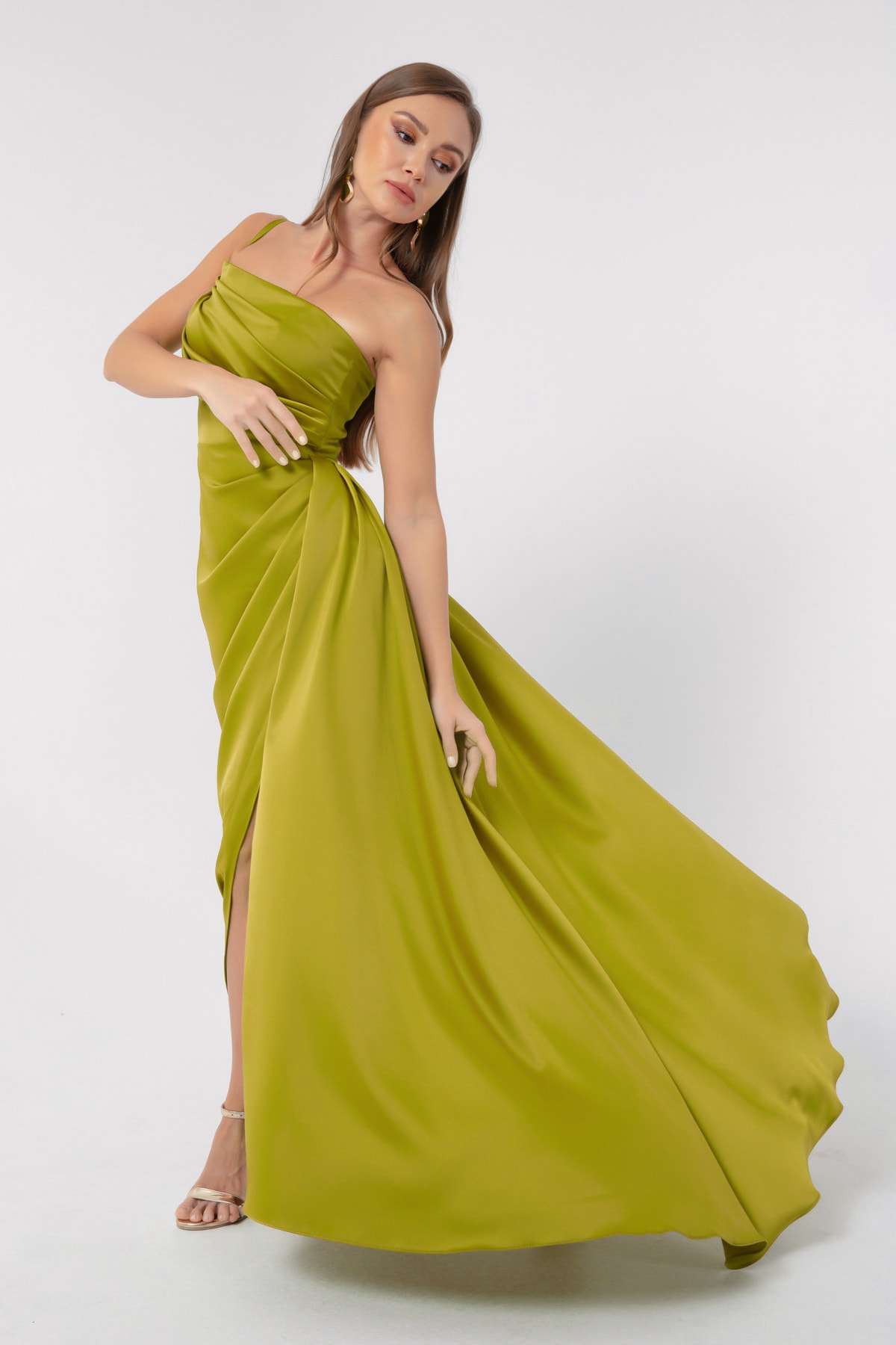 Lafaba Women's Oil Green One-Shoulder Satin Evening Dress & Graduation Dress