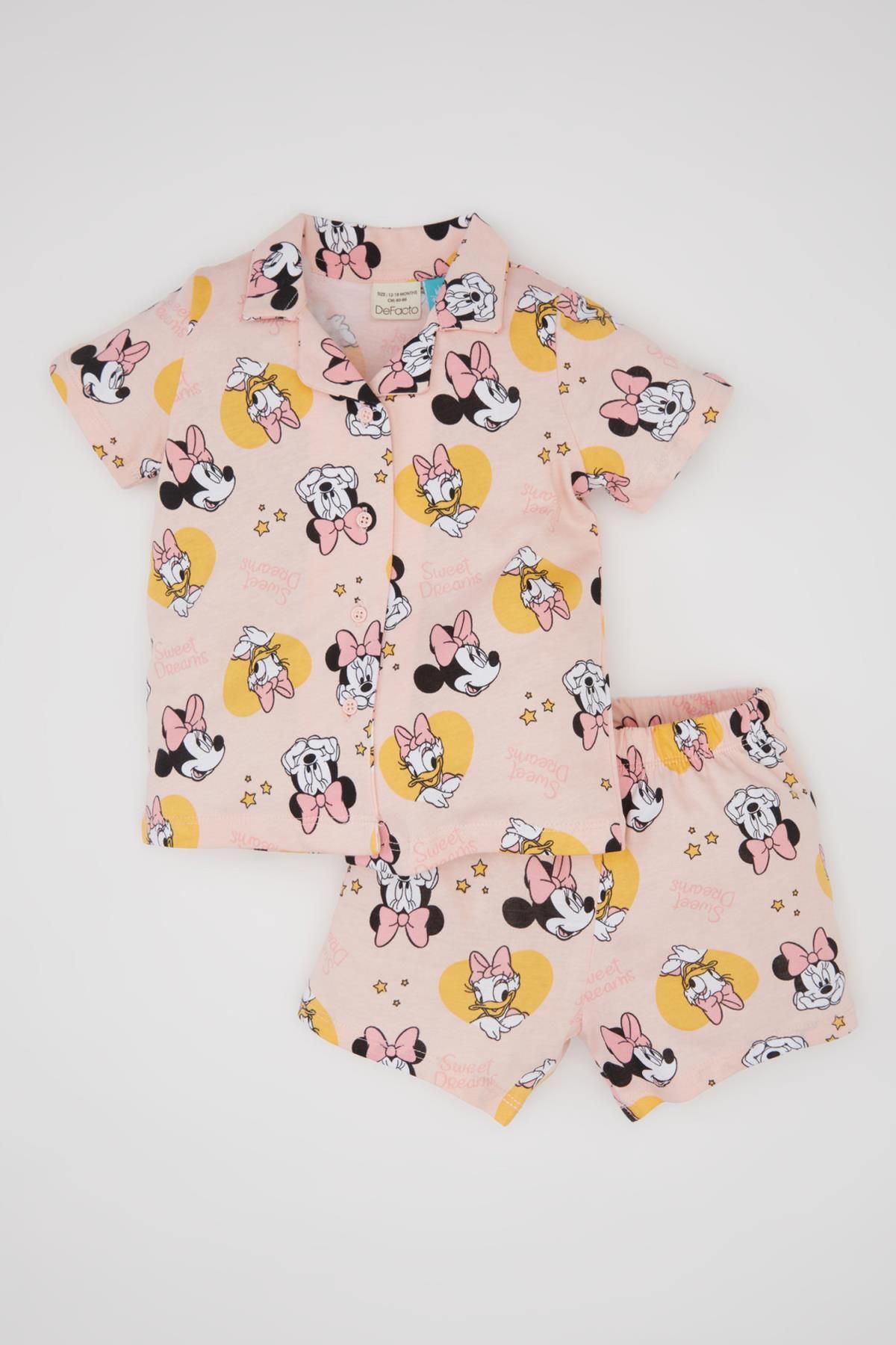 DEFACTO Baby Girl Disney Mickey &amp; Minnie Short Sleeve Combed Cotton Pajama Set with Shorts