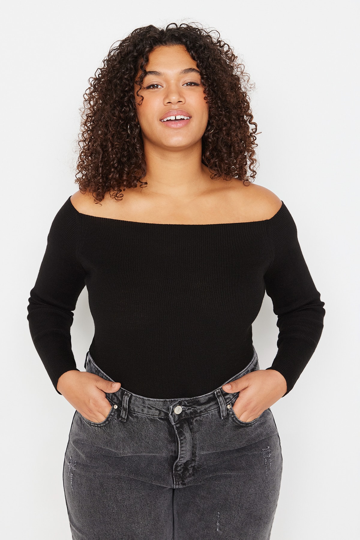 Trendyol Curve Black Corduroy Carmen Collar Thin Knitwear Sweater