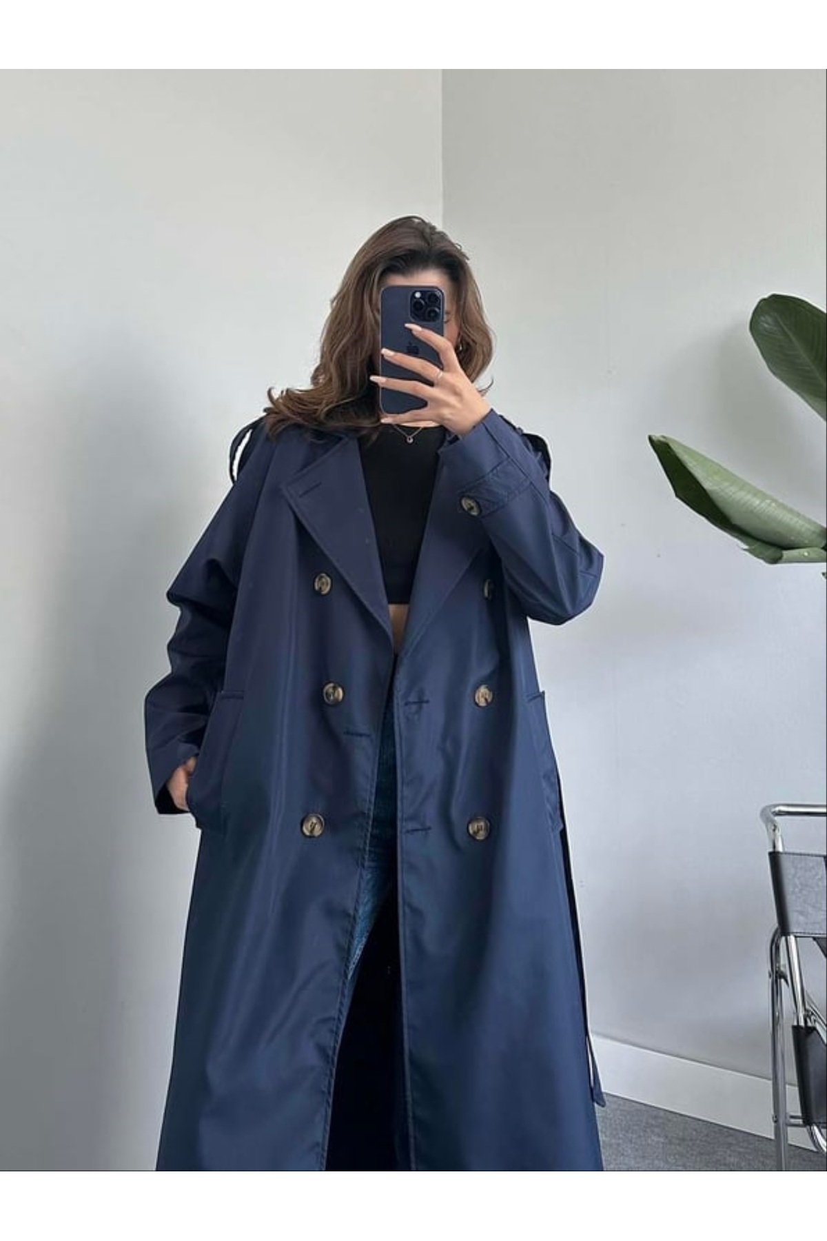 Laluvia Navy Blue Button Detailed Long Trench Coat with a Belt