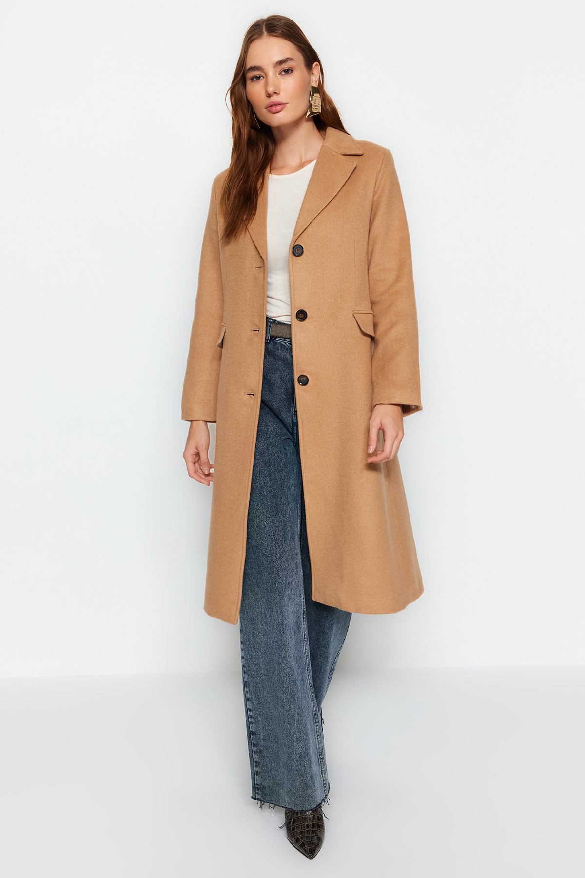 Levně Trendyol Beige Premium Oversize široký střih vlněný plněný kabát