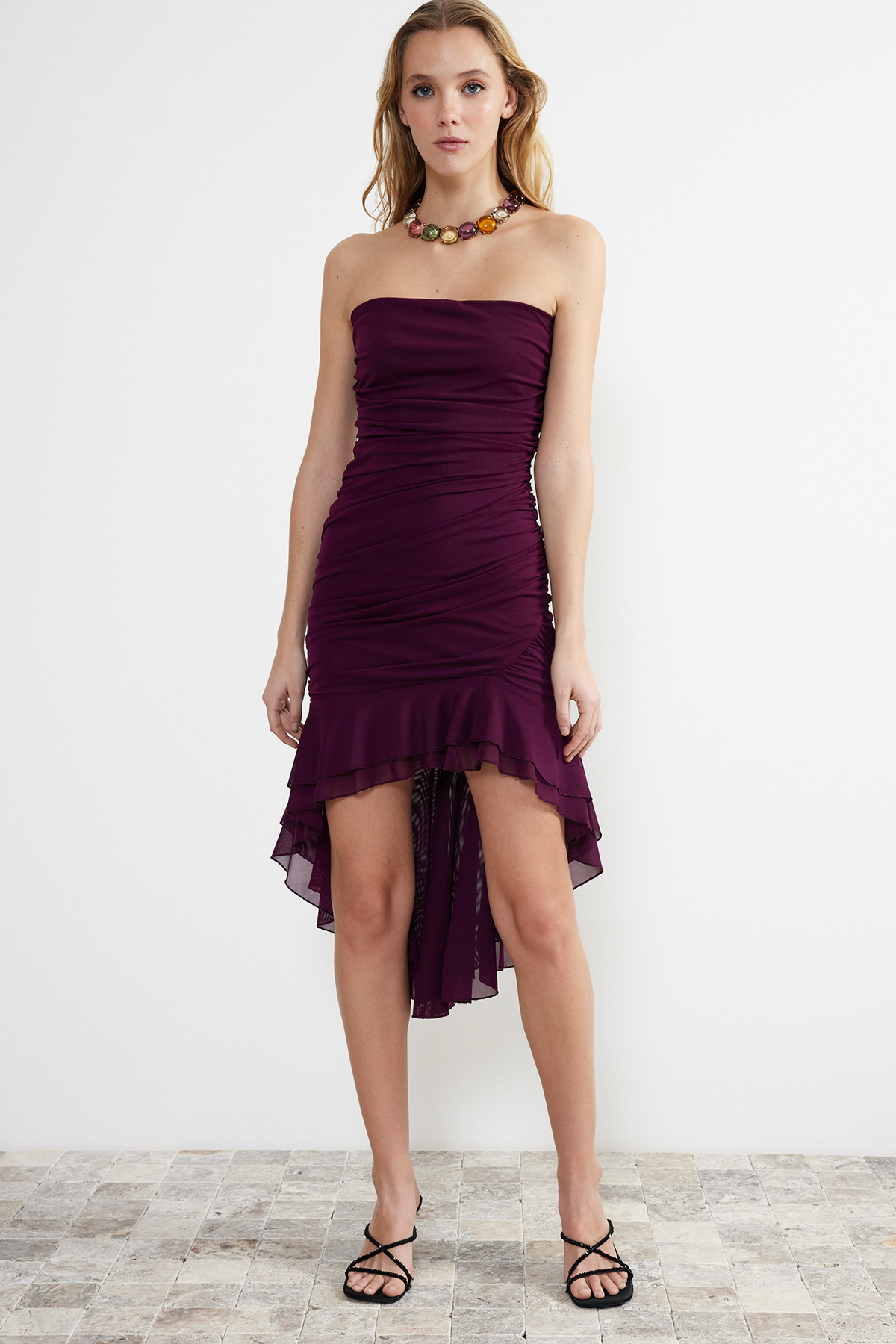 Levně Trendyol Purple Ruffle Detailed Knitted Elegant Evening Dress Dress