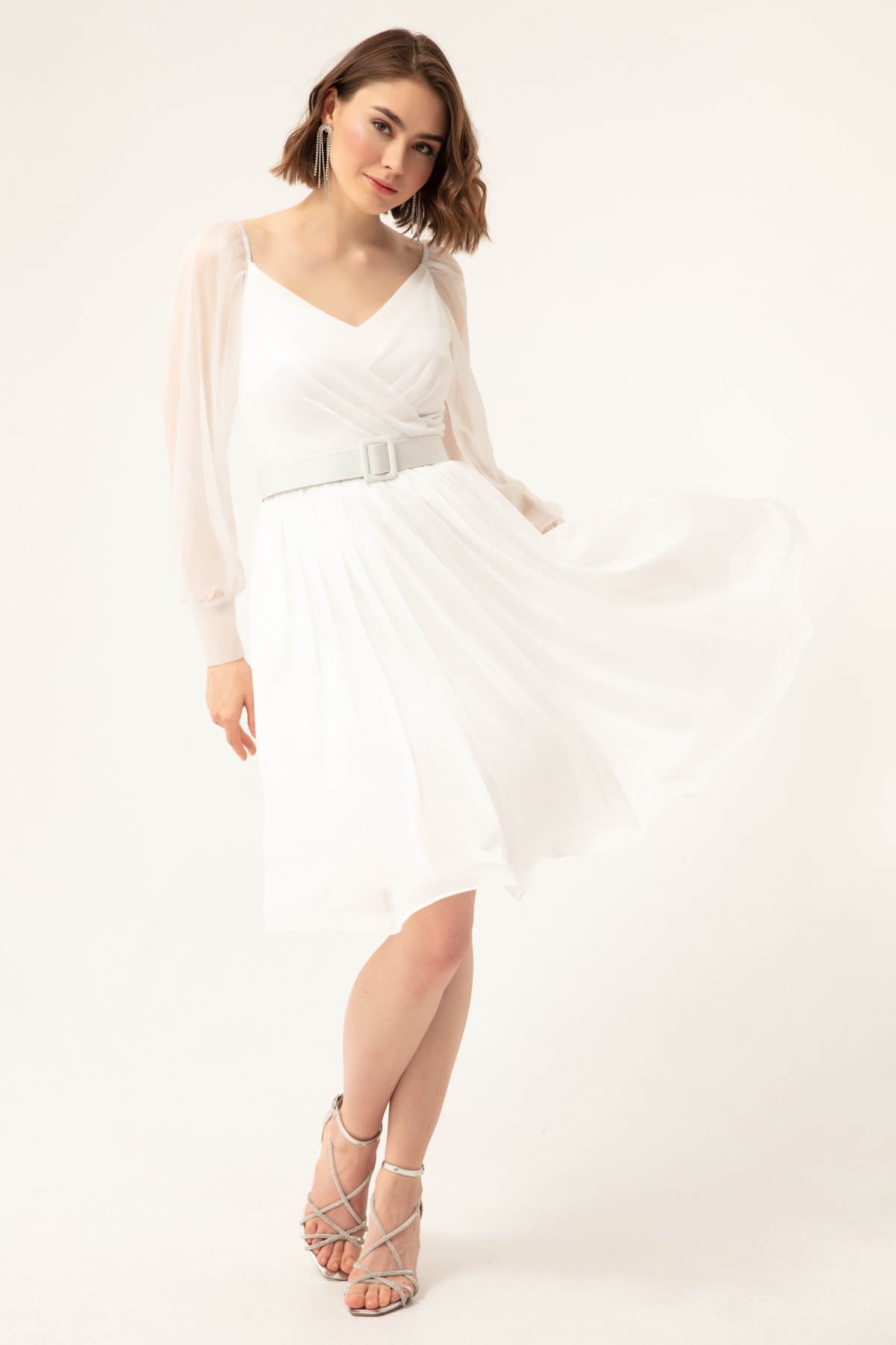 Lafaba Women's White Belted Midi Silvery Evening Dress