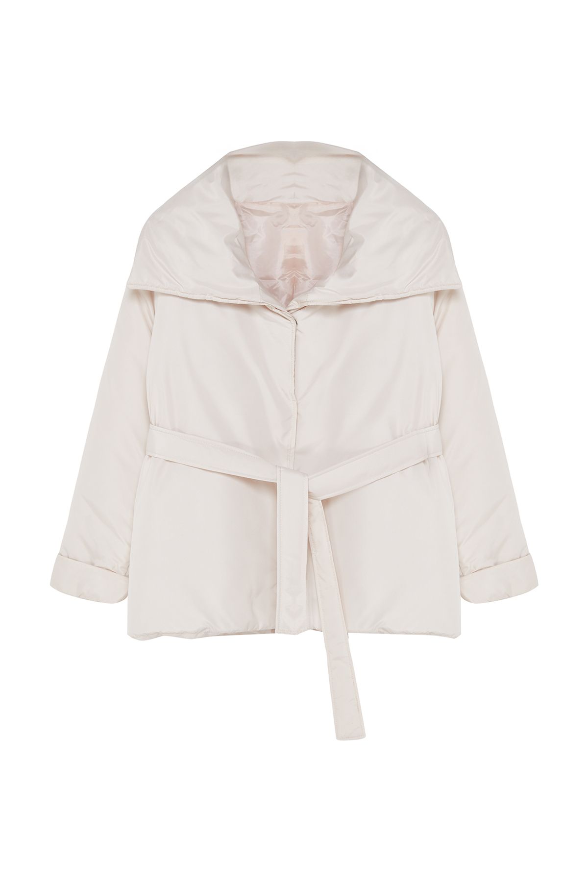 Trendyol Curve Ecru Regular Fit Wide Collar Waist Tie Detailed Coat