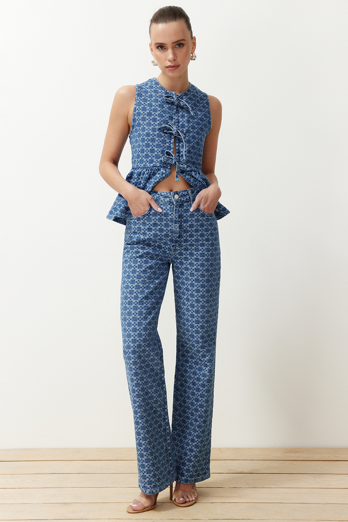 Trendyol Dark Blue Jacquard High Waist Wide Leg Jeans