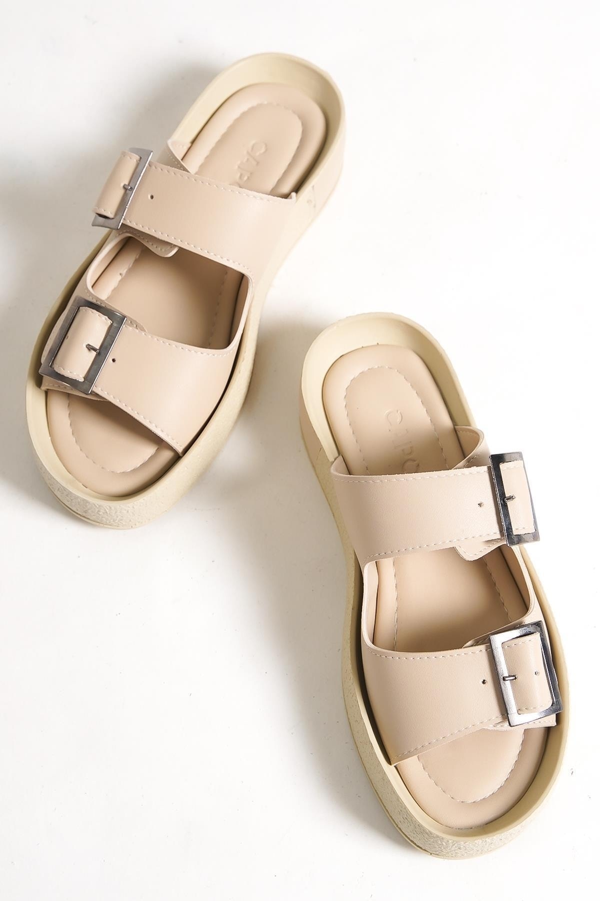 Capone Outfitters Capone Double Strap Belt with Buckle Beige Wedge Heel Women Beige Women's Slippers