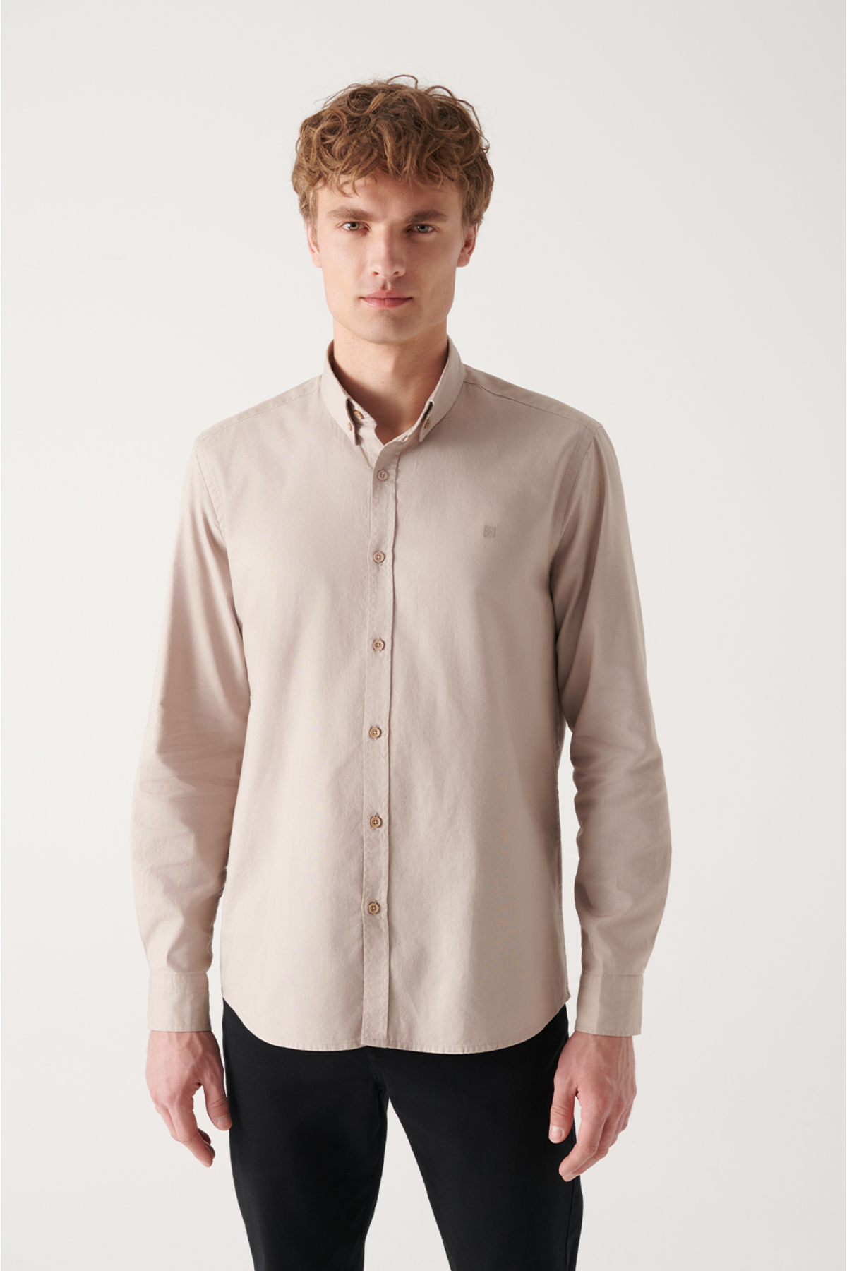Levně Avva Men's Beige Oxford 100% Cotton Buttoned Collar Standard Fit Regular Cut Shirt