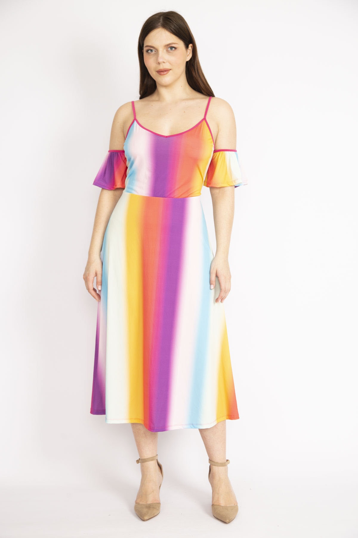 Levně Şans Women's Colorful Plus Size Collar Elastic Strap Adjustable Length Colorful Dress
