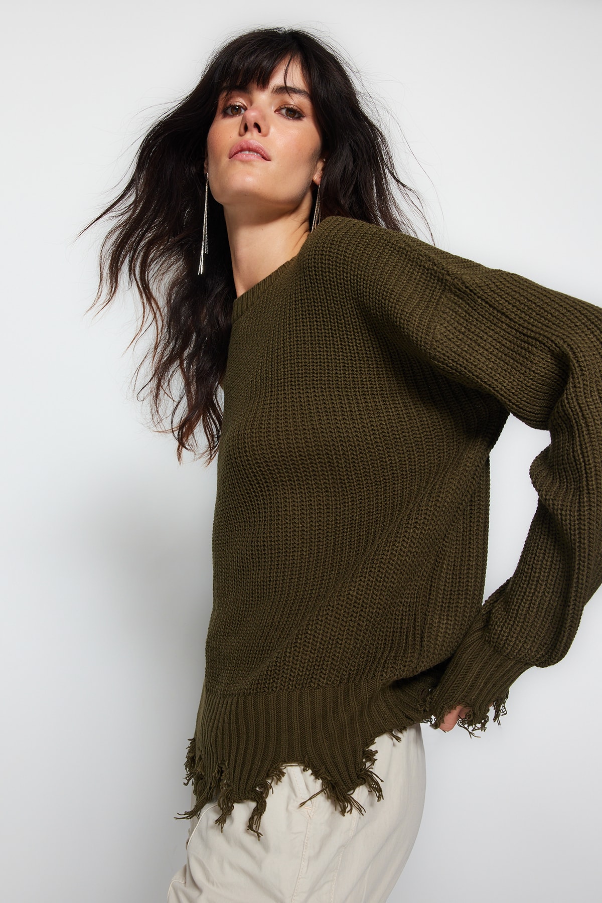 Trendyol Khaki Flow Detail Knitwear Sweater