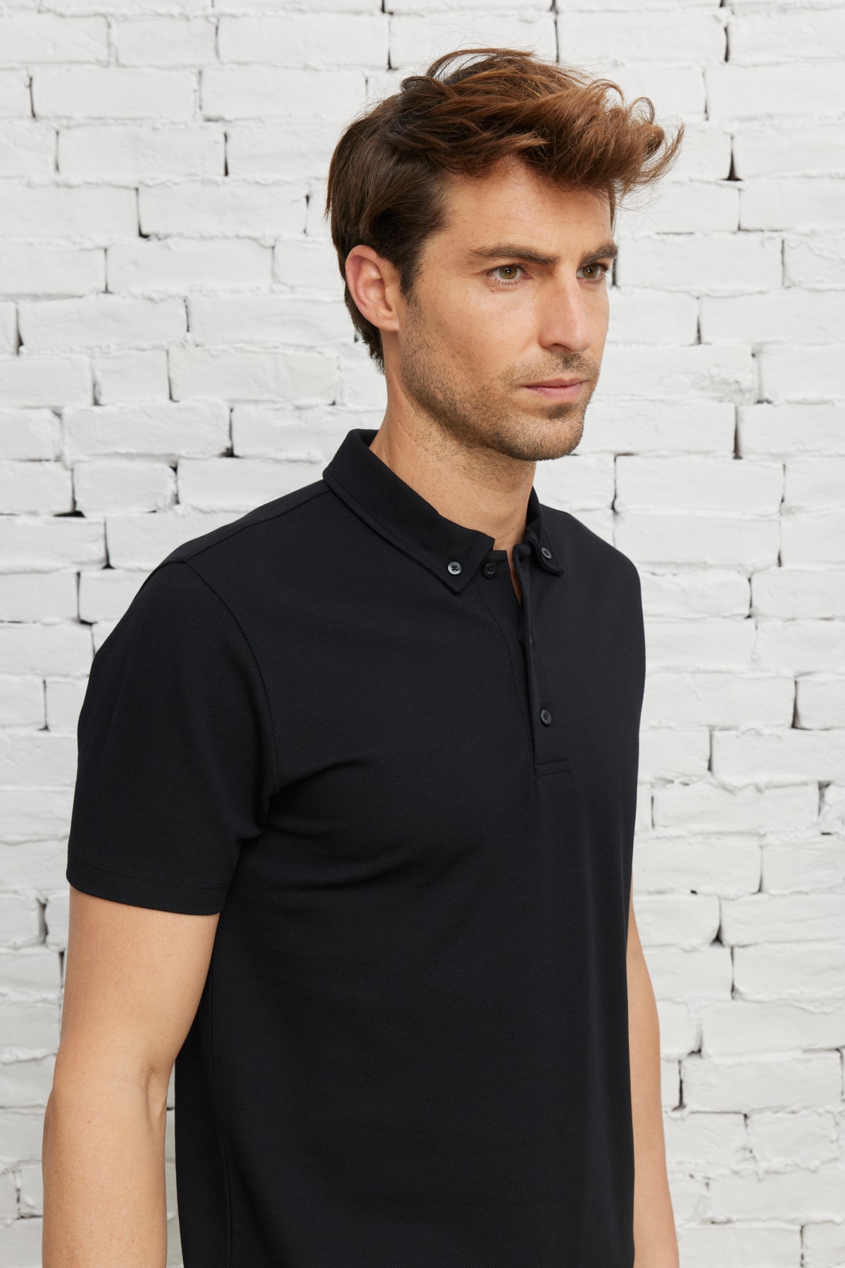 ALTINYILDIZ CLASSICS Men's Black Slim Fit Narrow Cut Polo Neck Cotton T-Shirt