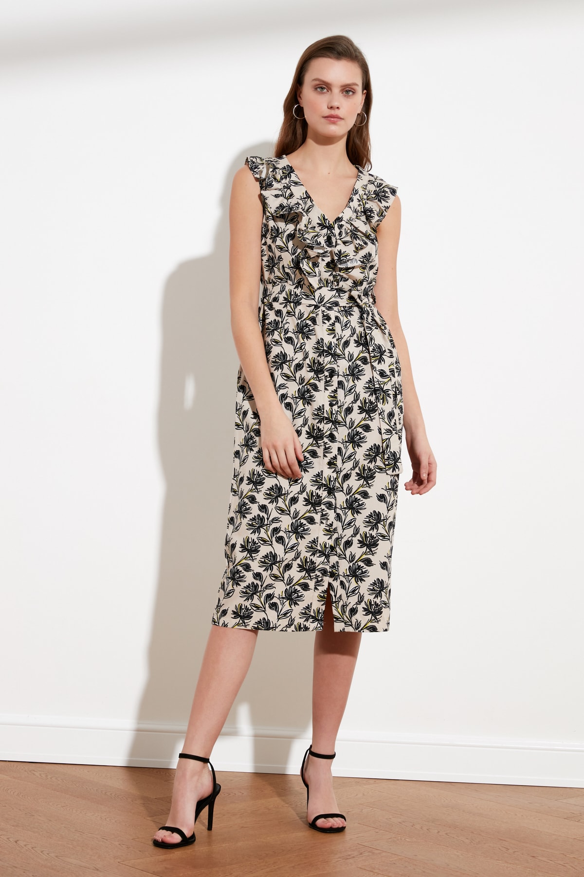 Trendyol Ekru Belt Button Detaliu Rochie