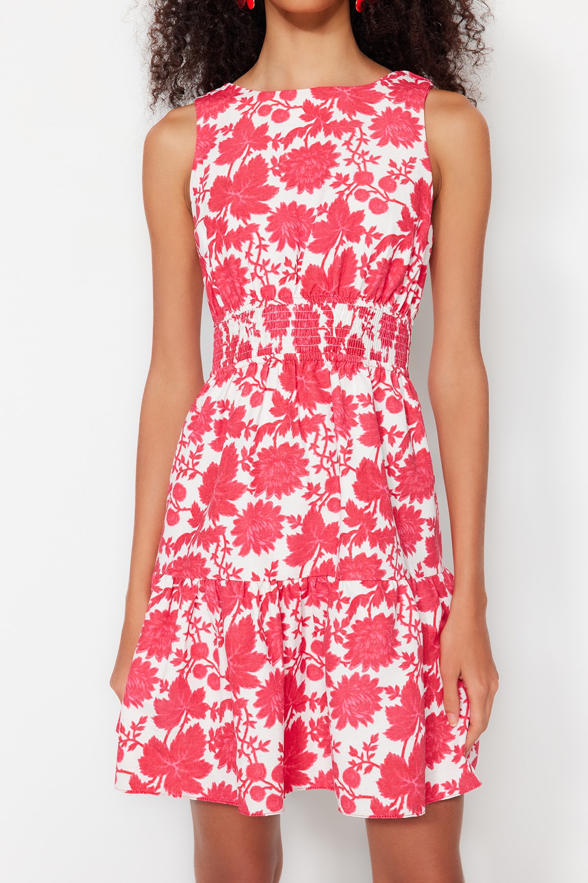 Trendyol Fuchsia Waist Opening Mini Woven Gimped Detailed Floral Woven Dress