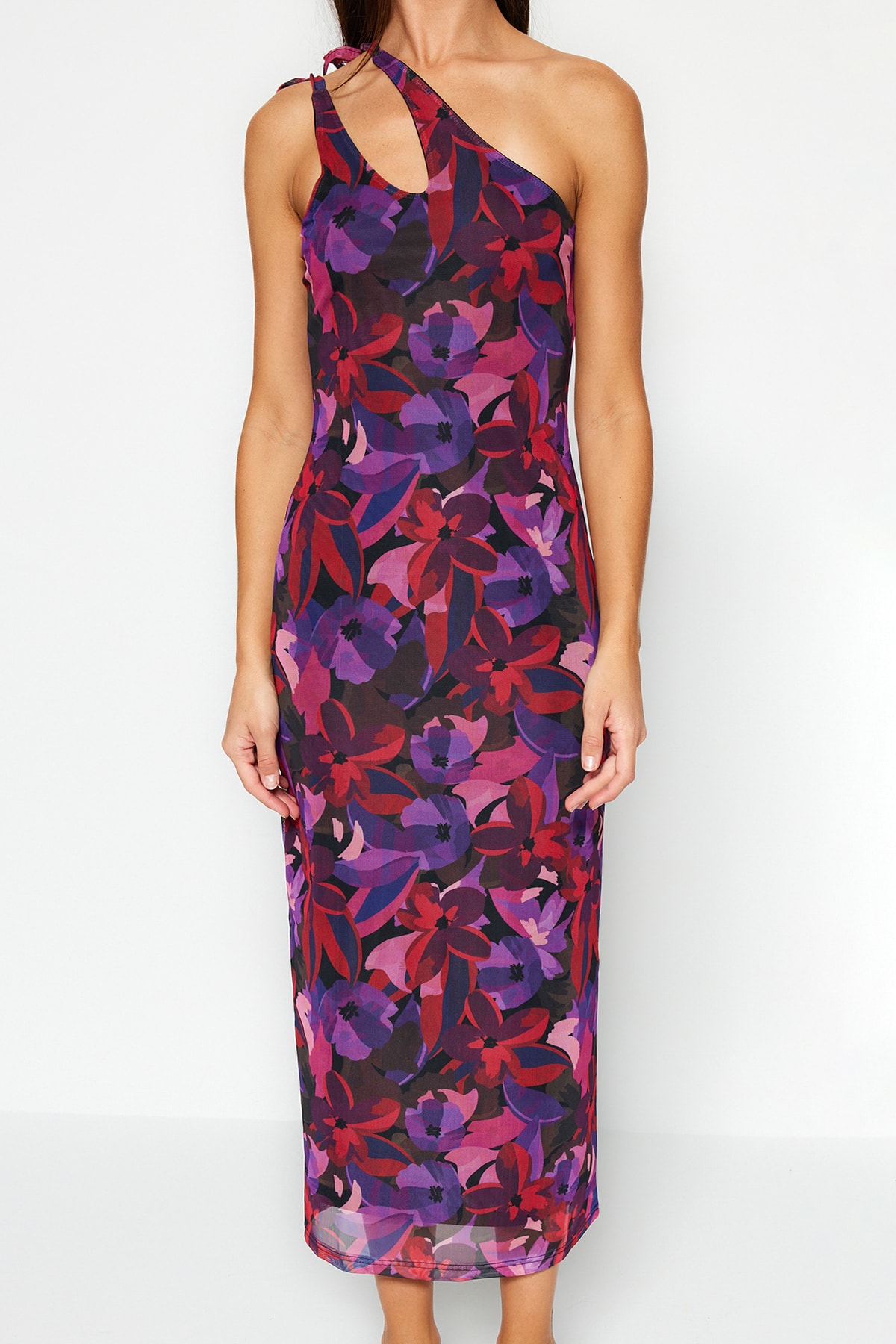 Trendyol Multicolor Asimetric Guler Tulle Captusit, Cromat Rochie Maxi