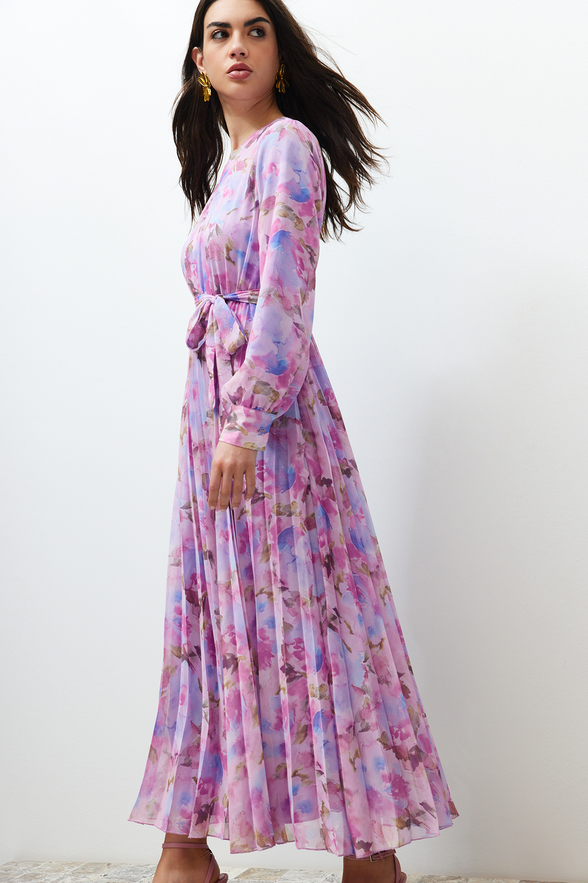 Trendyol Pink Floral Sash Detailed Lined Pleated Chiffon Woven Dress