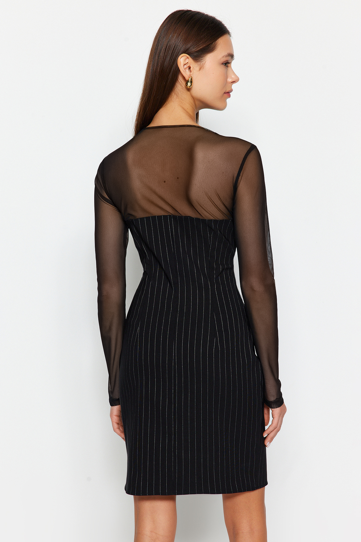 Trendyol Black Striped, Fitted, Tulle Collared Woven Mini Dress