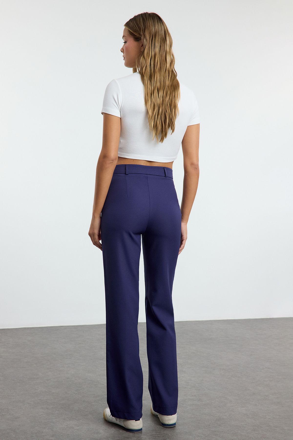 Trendyol bleumarin drept/drept potrivit talie înaltă cu nervuri cusături țesute pantaloni