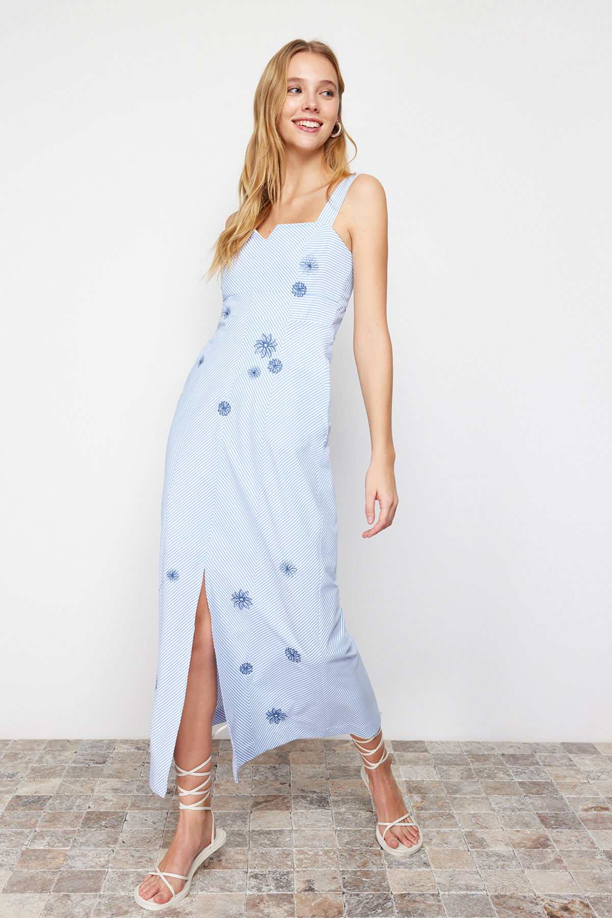 Trendyol Blue A-Line Embroidered Woven Maxi Dress