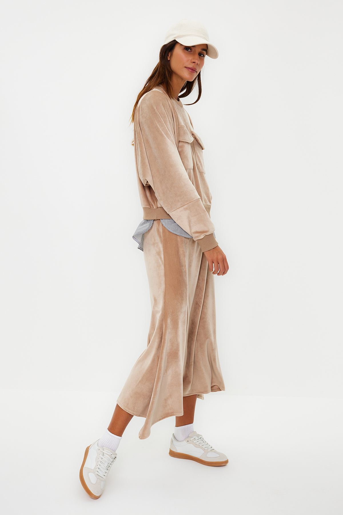 Trendyol Light Brown Velvet Undershirt Compression Detailed Knitted Skirt Two Piece Set