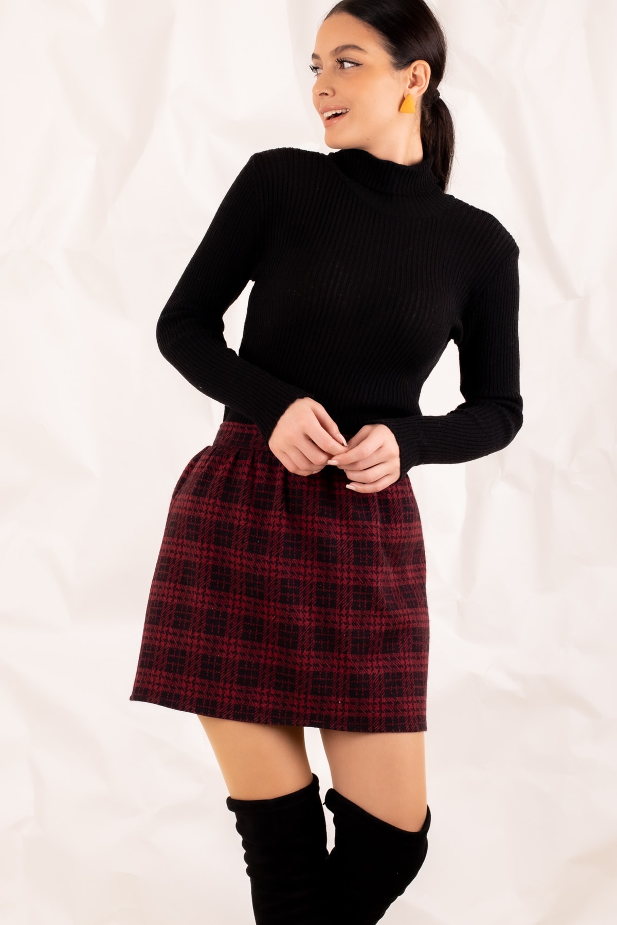 Levně armonika Women's Claret Red Check Short Skirt With Elastic Waist