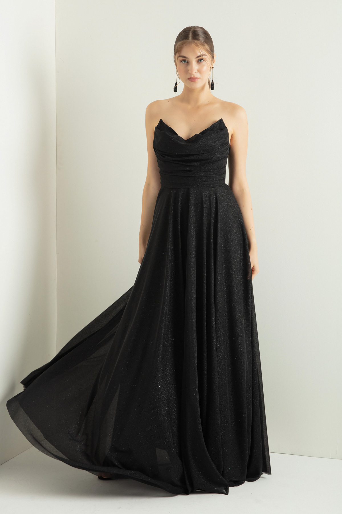 Levně Lafaba Women's Black Chest Draped Slit Flared Glitter Evening Dress