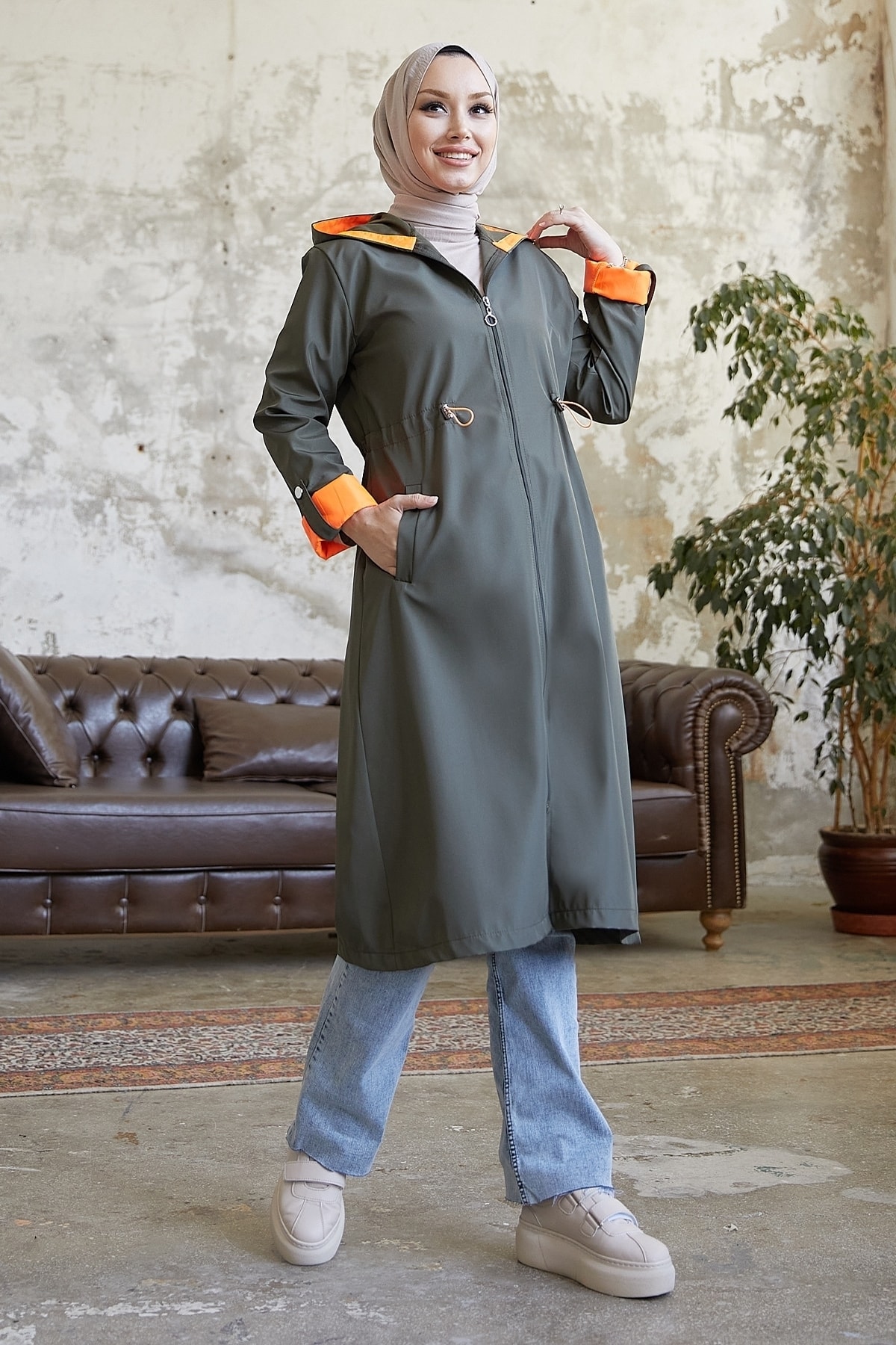 InStyle Hooded Neon Trench With Pleated Waist - Khaki  Orange